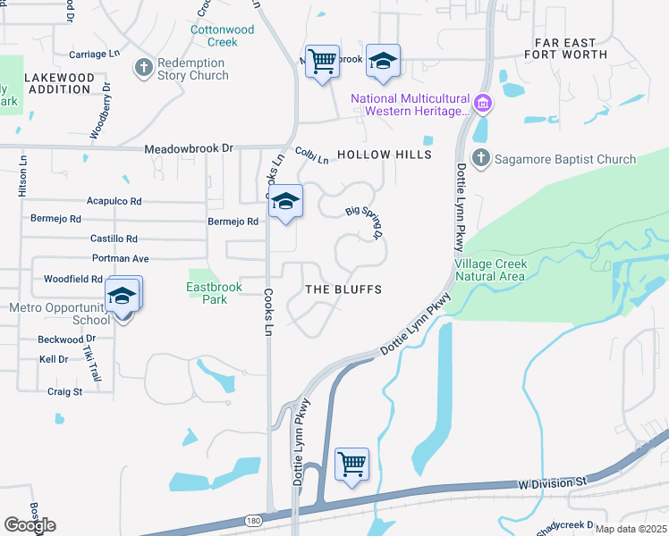 map of restaurants, bars, coffee shops, grocery stores, and more near 2712 Big Spring Drive in Fort Worth