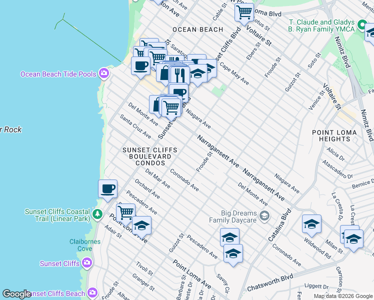 map of restaurants, bars, coffee shops, grocery stores, and more near 4687 Del Monte Avenue in San Diego