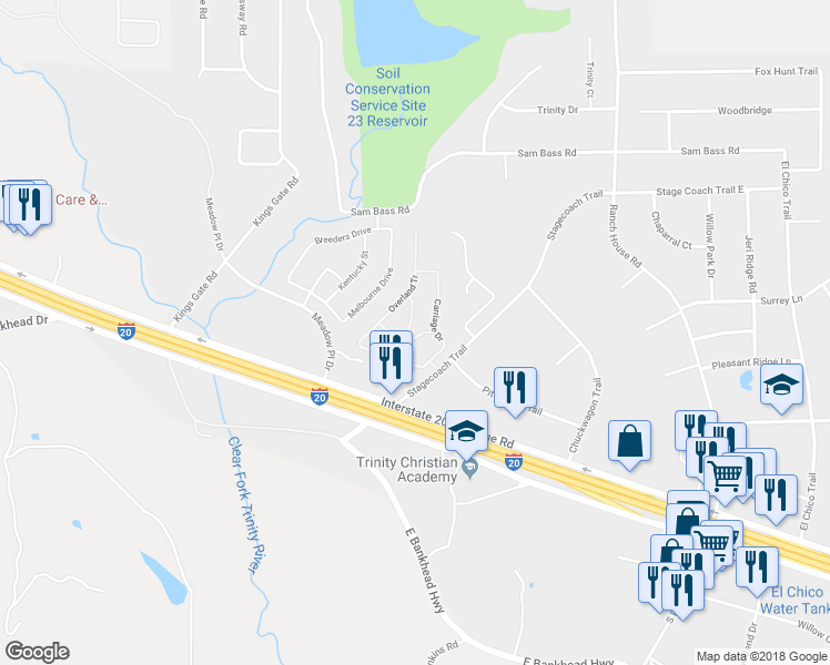 map of restaurants, bars, coffee shops, grocery stores, and more near 100 Wagon Wheel Road in Weatherford