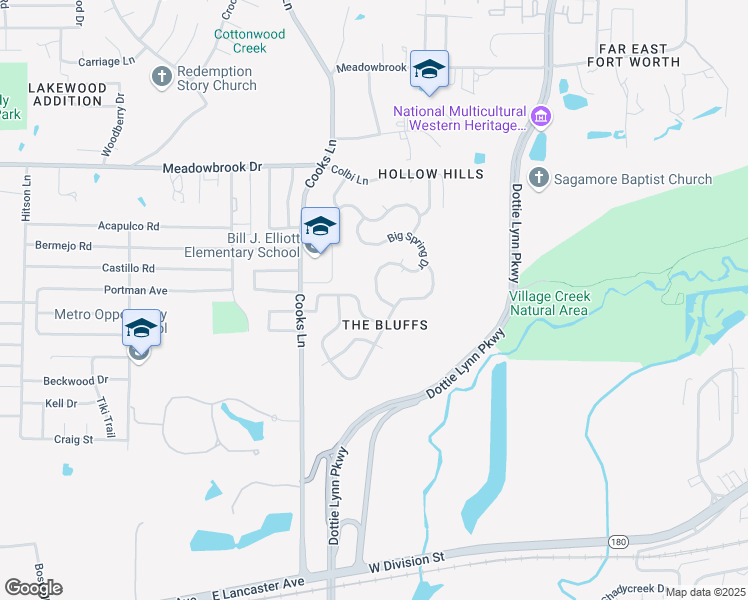 map of restaurants, bars, coffee shops, grocery stores, and more near 2712 Big Spring Drive in Fort Worth