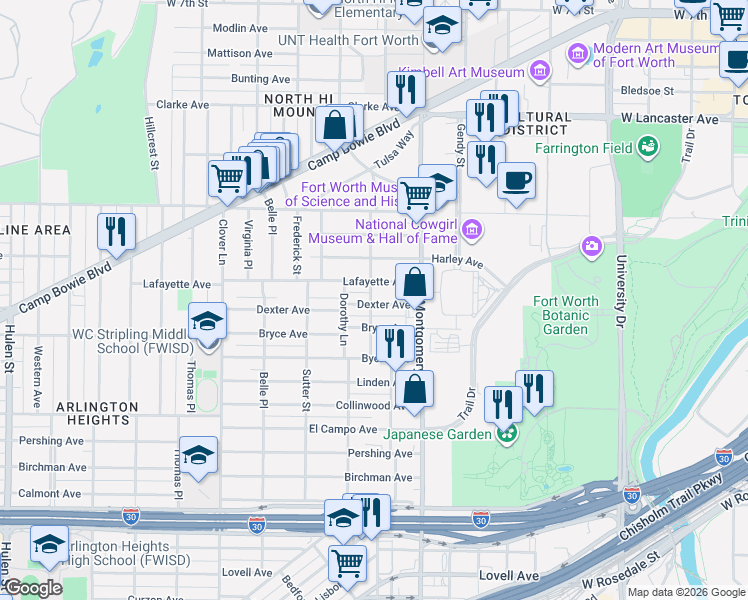 map of restaurants, bars, coffee shops, grocery stores, and more near 3705 Dexter Avenue in Fort Worth