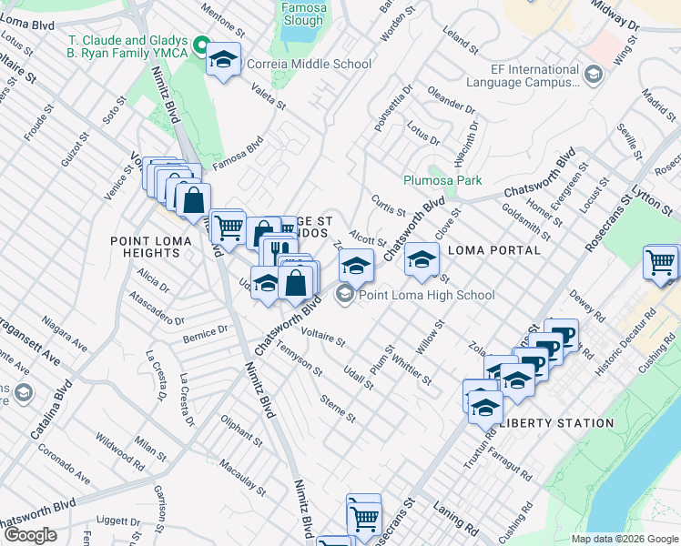 map of restaurants, bars, coffee shops, grocery stores, and more near 2314 Chatsworth Boulevard in San Diego