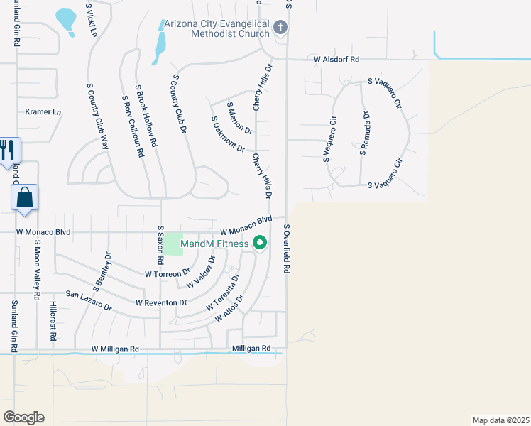 map of restaurants, bars, coffee shops, grocery stores, and more near 15365 South Cherry Hills Drive in Arizona City