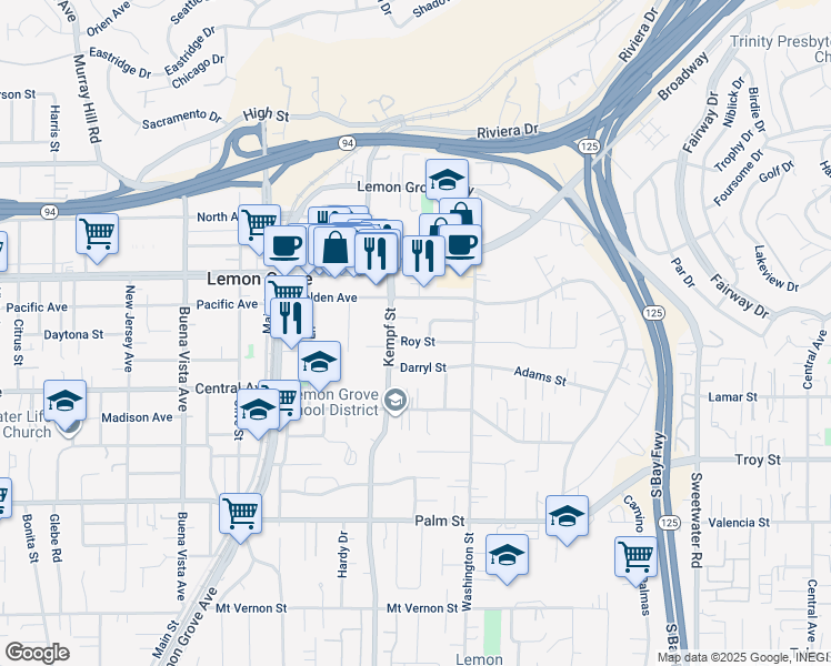 map of restaurants, bars, coffee shops, grocery stores, and more near 8021 Roy Street in Lemon Grove
