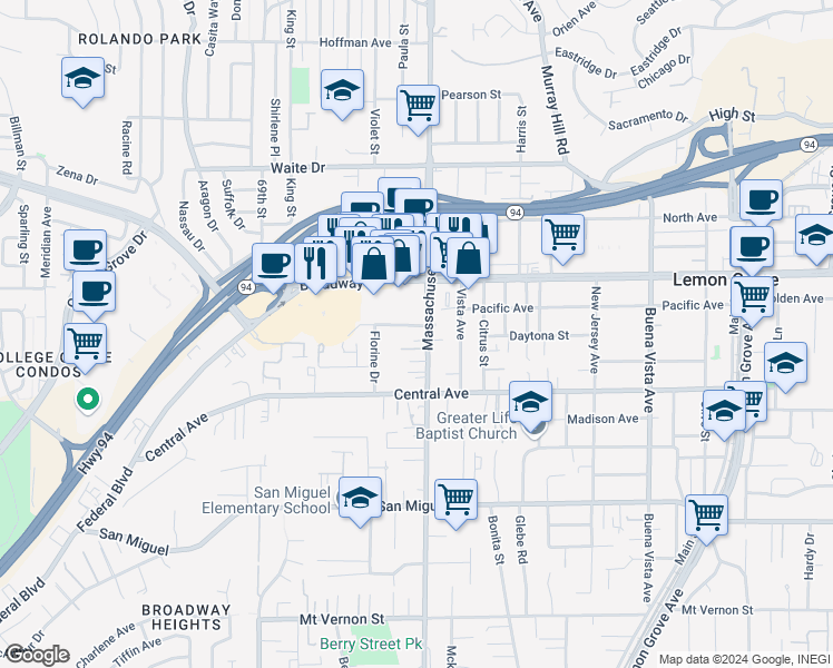 map of restaurants, bars, coffee shops, grocery stores, and more near 3224 Massachusetts Avenue in Lemon Grove