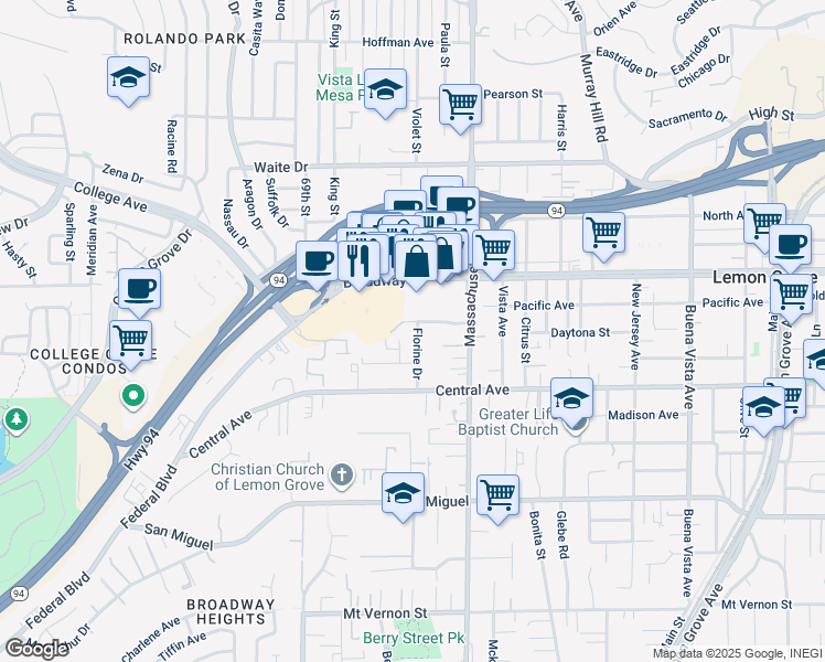 map of restaurants, bars, coffee shops, grocery stores, and more near 3185 Florine Drive in Lemon Grove