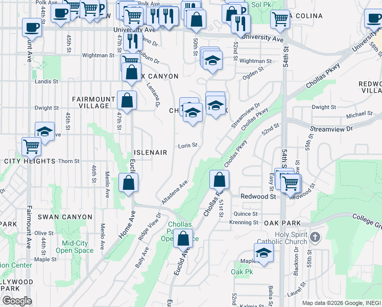 map of restaurants, bars, coffee shops, grocery stores, and more near 3311 Altadena Avenue in San Diego