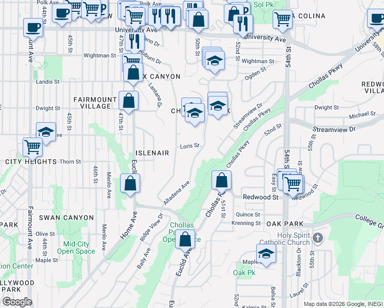 map of restaurants, bars, coffee shops, grocery stores, and more near 3311 Altadena Avenue in San Diego