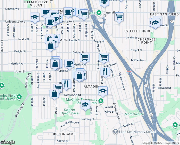 map of restaurants, bars, coffee shops, grocery stores, and more near 3363 33rd Street in San Diego
