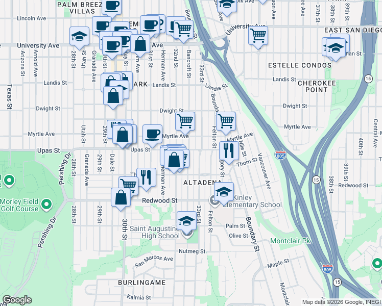 map of restaurants, bars, coffee shops, grocery stores, and more near 3358 Bancroft Street in San Diego