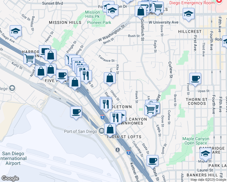 map of restaurants, bars, coffee shops, grocery stores, and more near 1356 West Upas Street in San Diego