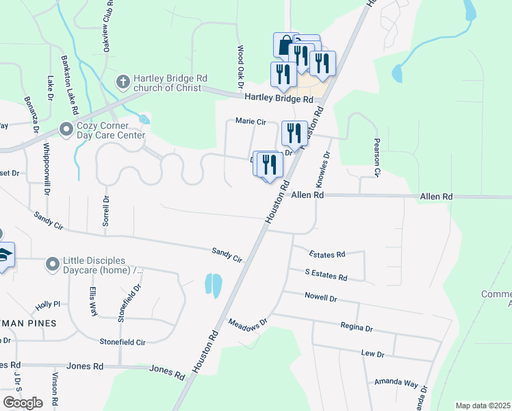 map of restaurants, bars, coffee shops, grocery stores, and more near 3025 Whiteside Rd in Macon