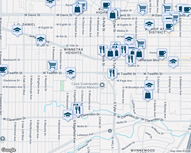 map of restaurants, bars, coffee shops, grocery stores, and more near 522 South Winnetka Avenue in Dallas