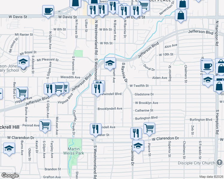 map of restaurants, bars, coffee shops, grocery stores, and more near 519 South Barnett Avenue in Dallas