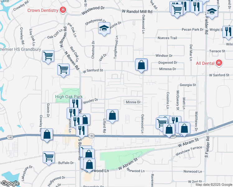 map of restaurants, bars, coffee shops, grocery stores, and more near 2119 Wesley Drive in Arlington