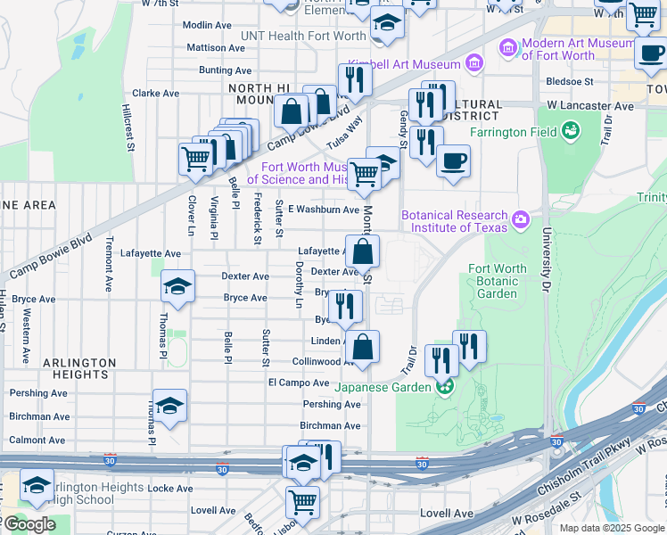 map of restaurants, bars, coffee shops, grocery stores, and more near 3613 Dexter Avenue in Fort Worth