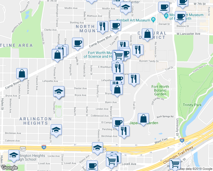 map of restaurants, bars, coffee shops, grocery stores, and more near 3705 Dexter Avenue in Fort Worth