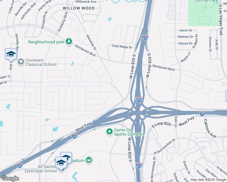 map of restaurants, bars, coffee shops, grocery stores, and more near 1550 Alemeda Street in Fort Worth