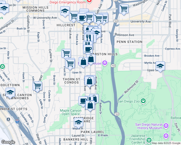 map of restaurants, bars, coffee shops, grocery stores, and more near 5th Avenue & Upas Street in San Diego