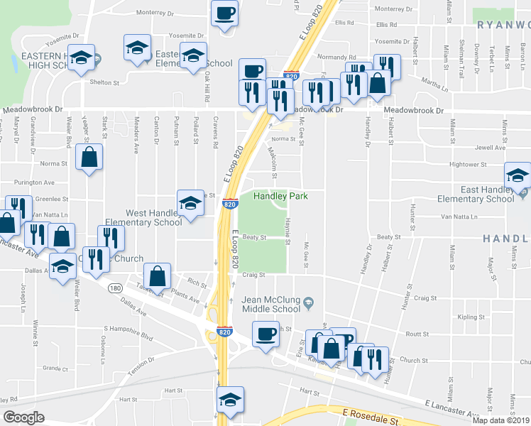 map of restaurants, bars, coffee shops, grocery stores, and more near 6201 Beaty St in Fort Worth