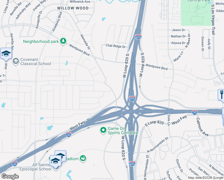 map of restaurants, bars, coffee shops, grocery stores, and more near 1550 Alemeda Street in Fort Worth