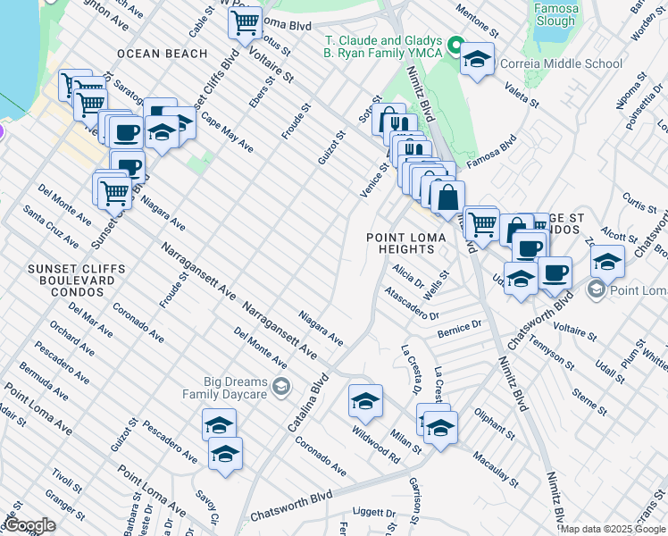 map of restaurants, bars, coffee shops, grocery stores, and more near 4338 Santa Monica Avenue in San Diego