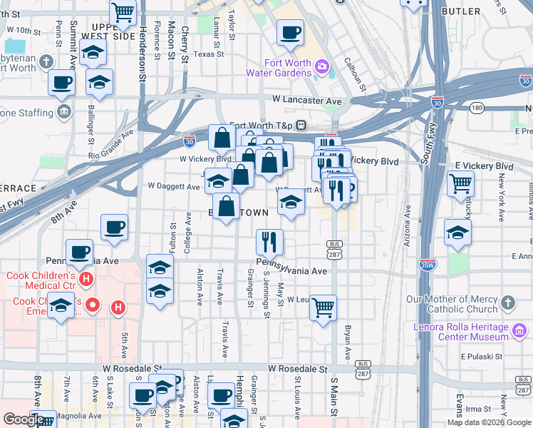 map of restaurants, bars, coffee shops, grocery stores, and more near 400 South Jennings Avenue in Fort Worth