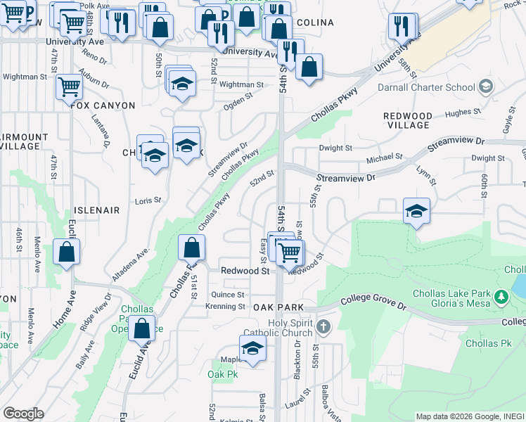 map of restaurants, bars, coffee shops, grocery stores, and more near 3270 Easy Street in San Diego