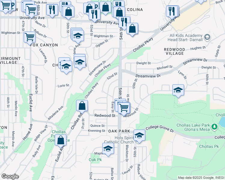 map of restaurants, bars, coffee shops, grocery stores, and more near 3270 Easy Street in San Diego