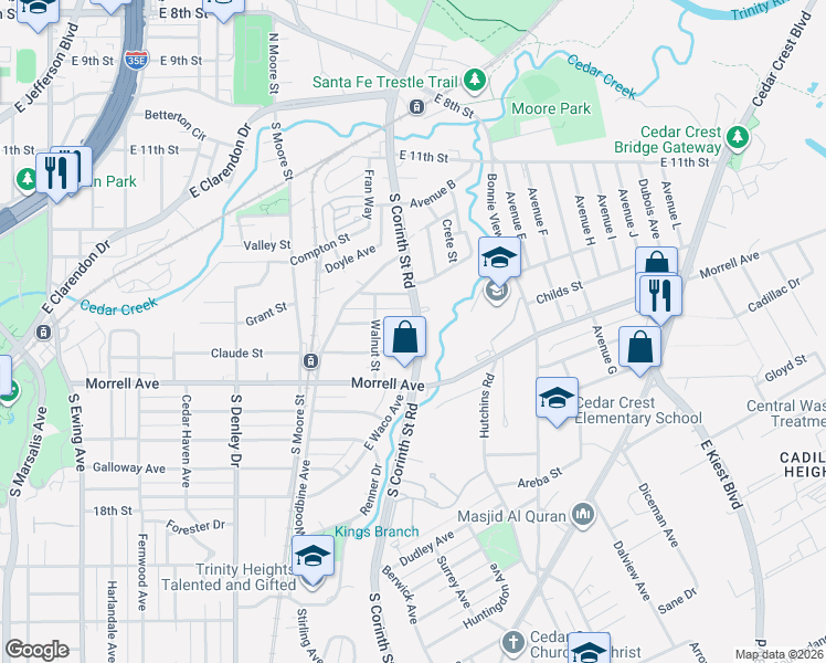 map of restaurants, bars, coffee shops, grocery stores, and more near 700 South Corinth Street Road in Dallas