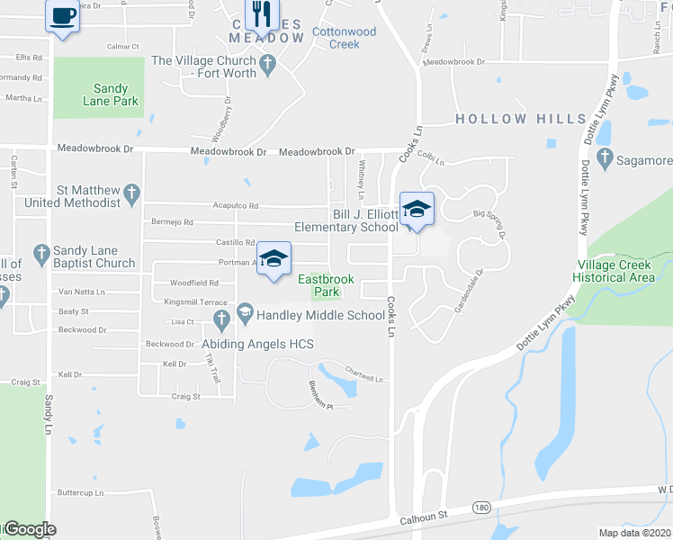 map of restaurants, bars, coffee shops, grocery stores, and more near 2705 Escalante Avenue in Fort Worth