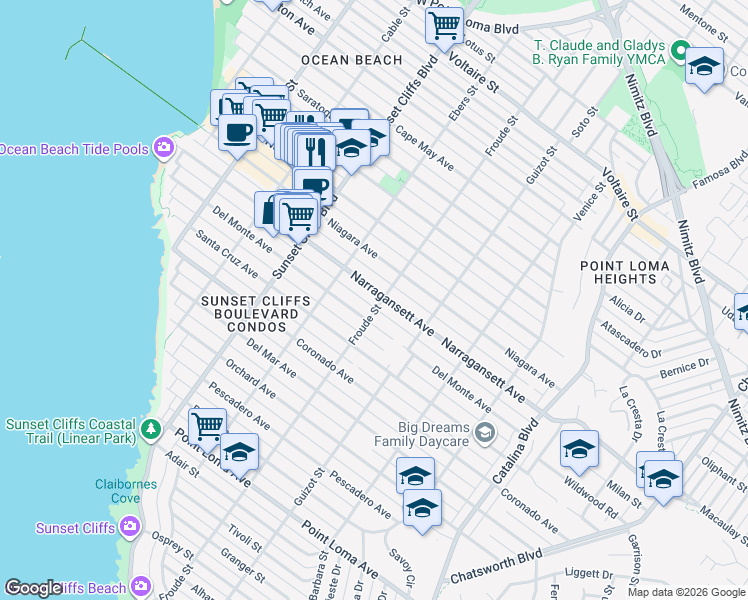 map of restaurants, bars, coffee shops, grocery stores, and more near 1764 Froude Street in San Diego