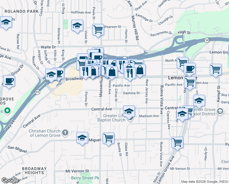 map of restaurants, bars, coffee shops, grocery stores, and more near 3246 Citrus Street in Lemon Grove