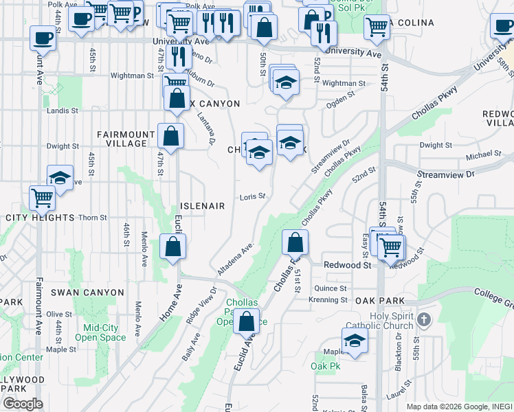 map of restaurants, bars, coffee shops, grocery stores, and more near 3311 Altadena Avenue in San Diego