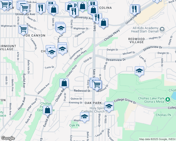map of restaurants, bars, coffee shops, grocery stores, and more near 3270 Easy Street in San Diego