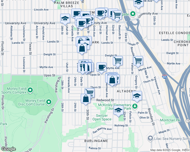 map of restaurants, bars, coffee shops, grocery stores, and more near 3387 Grim Avenue in San Diego