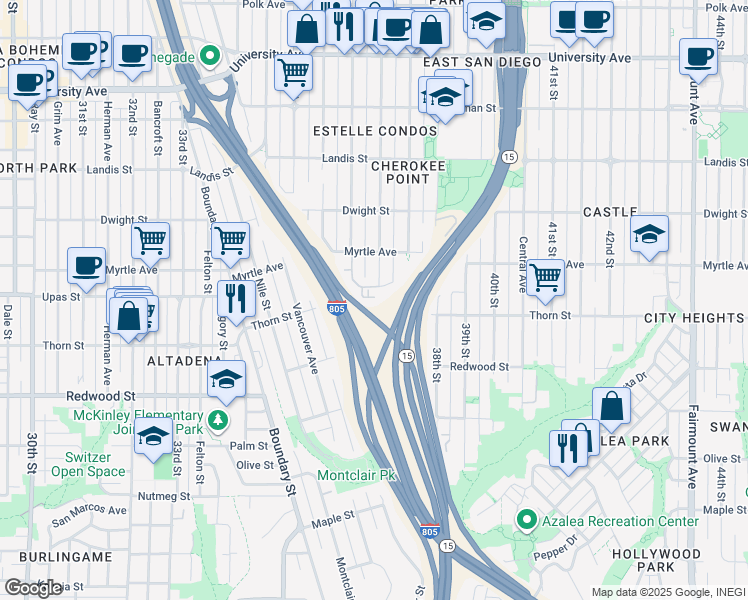 map of restaurants, bars, coffee shops, grocery stores, and more near 3320 Cherokee Avenue in San Diego