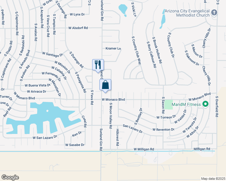 map of restaurants, bars, coffee shops, grocery stores, and more near 15330 South Quintin Place in Arizona City
