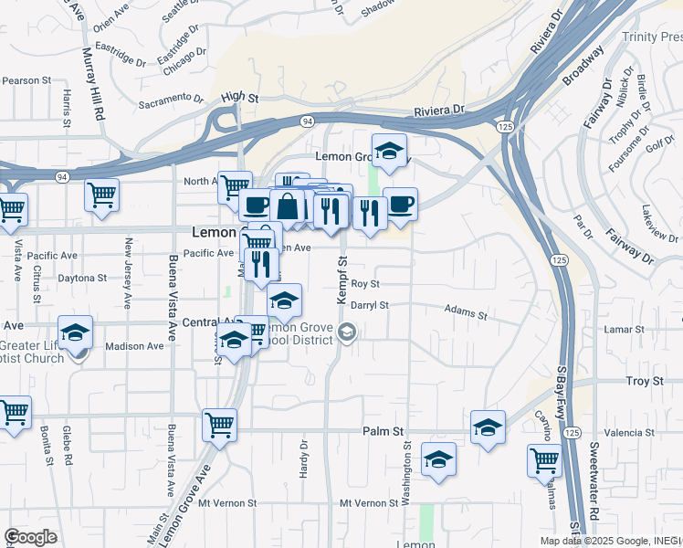 map of restaurants, bars, coffee shops, grocery stores, and more near 3210 Kempf Street in Lemon Grove