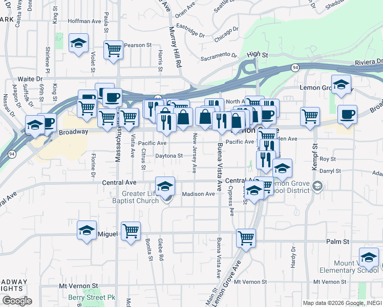map of restaurants, bars, coffee shops, grocery stores, and more near 7508 Church Street in Lemon Grove