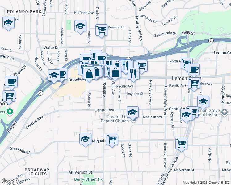 map of restaurants, bars, coffee shops, grocery stores, and more near 3218 Vista Avenue in Lemon Grove