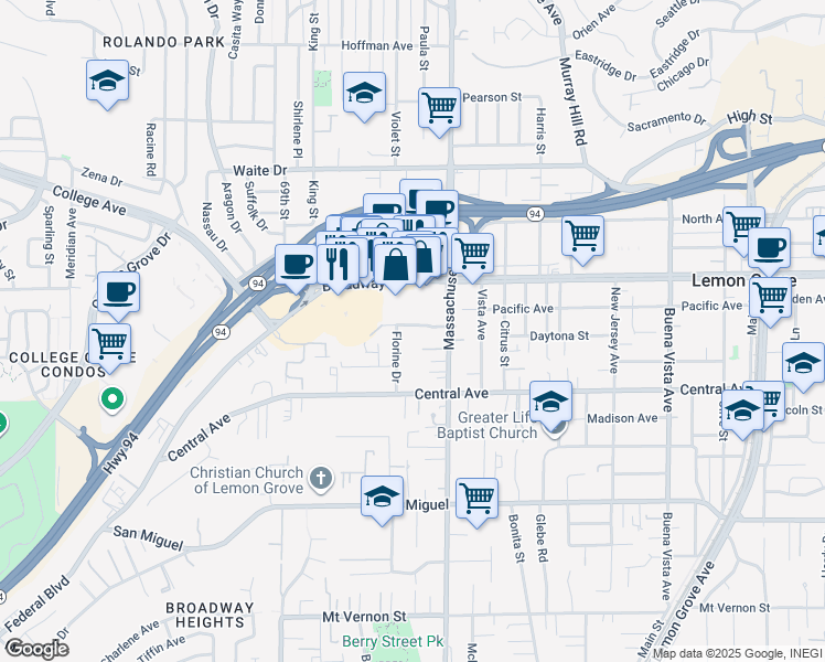 map of restaurants, bars, coffee shops, grocery stores, and more near 3185 Florine Drive in Lemon Grove