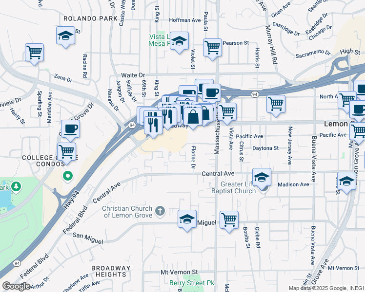 map of restaurants, bars, coffee shops, grocery stores, and more near 7012 Casa Lane in Lemon Grove