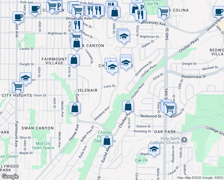 map of restaurants, bars, coffee shops, grocery stores, and more near 3311 Altadena Avenue in San Diego