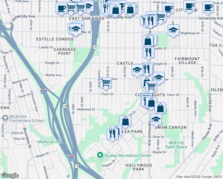 map of restaurants, bars, coffee shops, grocery stores, and more near 4124 Thorn Street in San Diego