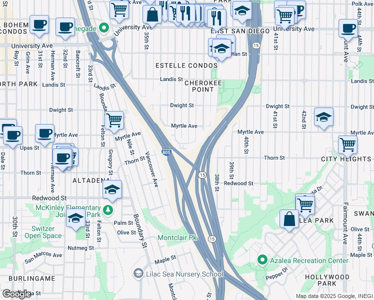 map of restaurants, bars, coffee shops, grocery stores, and more near 3320 Cherokee Avenue in San Diego
