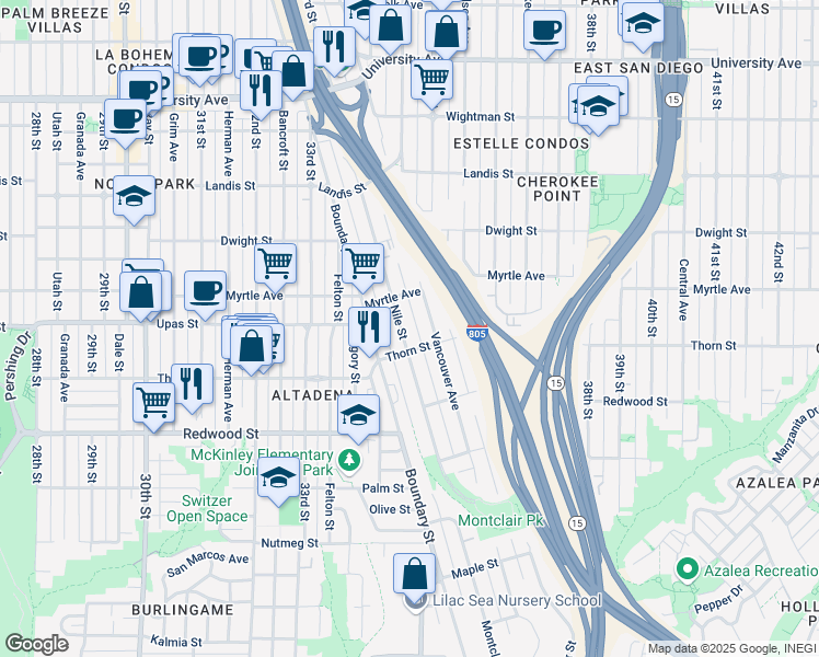 map of restaurants, bars, coffee shops, grocery stores, and more near 3476 Thorn Street in San Diego