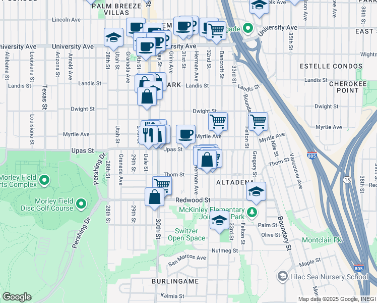 map of restaurants, bars, coffee shops, grocery stores, and more near in San Diego