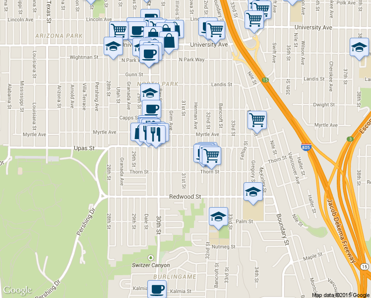 map of restaurants, bars, coffee shops, grocery stores, and more near in San Diego