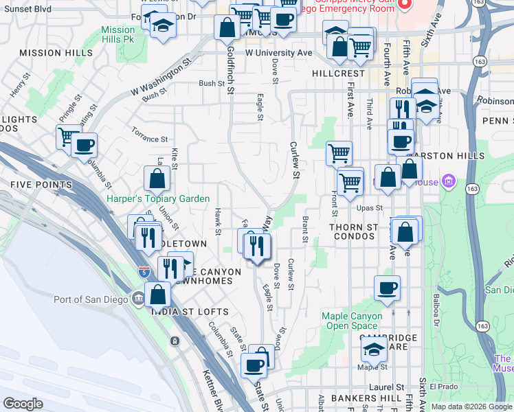 map of restaurants, bars, coffee shops, grocery stores, and more near 705 West Upas Street in San Diego